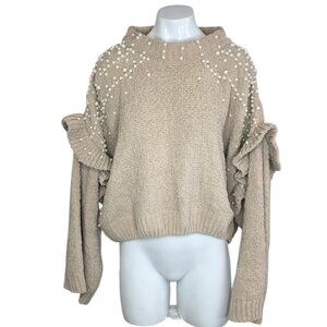 POL Ruffle Wide Sleeve Knit Sweater, Pearl Embellished, Oversized, Size M